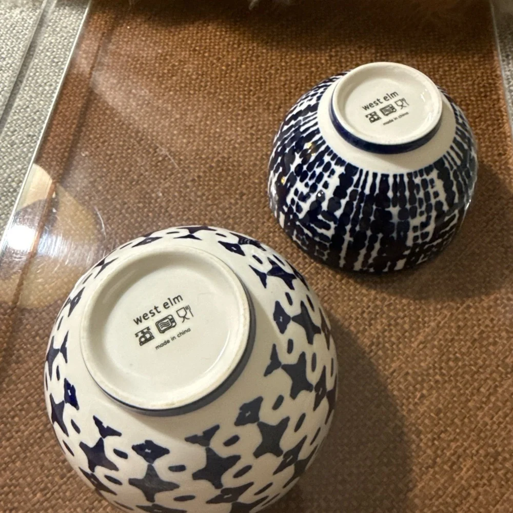West Elm Indigo Tie Dye Bowls Set of 2 Blue White Ceramic